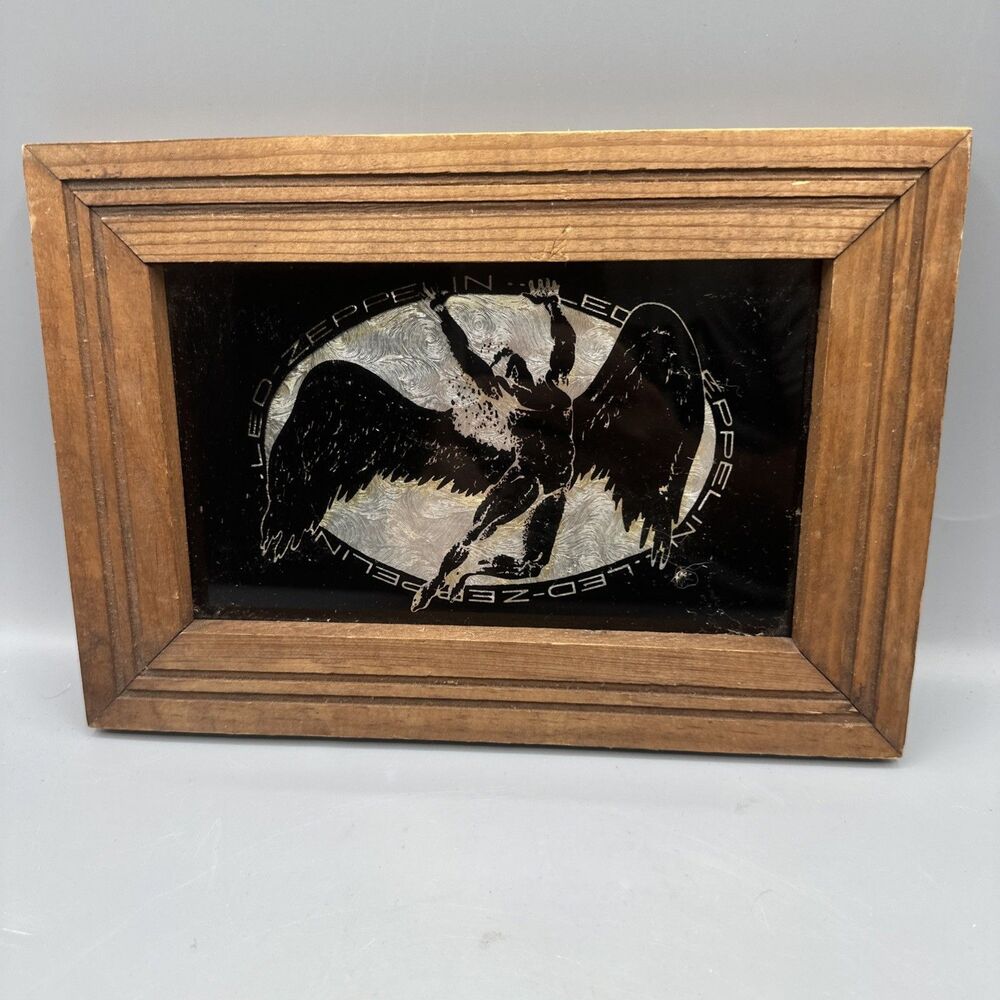 Vintage Led Zeppelin Carnival Prize Glass Mirror Man Cave Barware Wood Frame